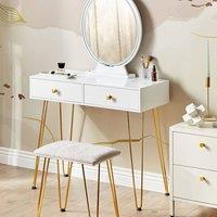Wyld and Coco Luxe White and Gold Dressing Table LED Oval Mirror and Stool 2 Drawers