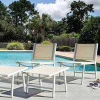 Wyld and Coco Set of 2 Beige Textilene Garden Chairs with Footrests Aluminium Frame