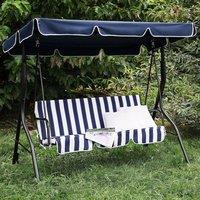 Wyld and Coco 3-Seater Patio Swing Chair Blue Striped Canopy Steel Frame