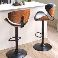 Wyld and Coco Set of 2 Adjustable Dark Wood Bar Stools Black Faux Leather