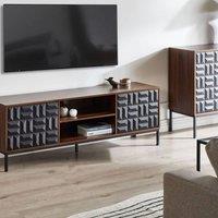 Wyld and Coco Dark Brown TV Stand Two Doors and Open Shelves Geometric Pattern Metal