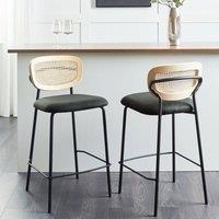 Wyld and Coco Viennese Rattan Bar Chairs Set of 2 - Dark Green Upholstery in Natural