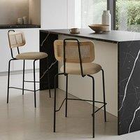 Wyld and Coco Set of 2 Light Beige Faux Leather Bar Chairs with PE Rattan Back