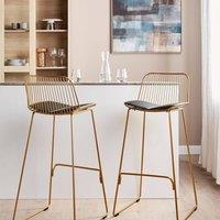 Wyld and Coco Gold Wire Bar Chairs Set of 2 - Black Faux Leather Seats