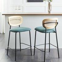 Wyld and Coco Signature Set 2 Bar Chairs Teal Polyester Seat Natural Rattan