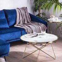 Wyld and Coco 80cm Round Marble-Effect Glass Coffee Table with Gold Hairpin Legs in White