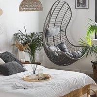Wyld and Coco Grey Rattan Hanging Chair - Curved Design Indoor-Outdoor Two Cushions