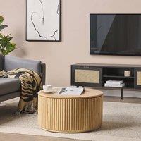 Wyld and Coco TV Stand Black Wood with Rattan Fronts 2 Cabinets W150 x D40 x H52cm