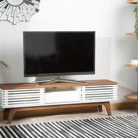 Wyld and Coco TV Stand 67 Retro White and Dark Brown Five Shelves with Drawers