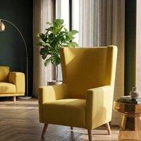 Wyld and Coco Wingback Chair Yellow Velvet High Back Slanted Rubberwood Legs
