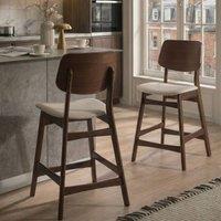 Wyld and Coco Set of 2 Retro Bar Chairs - Brown and Off-White Boucle Rubberwood Legs