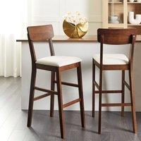 Wyld and Coco Set of 2 Rubberwood Bar Chairs Light Beige Upholstered in Brown