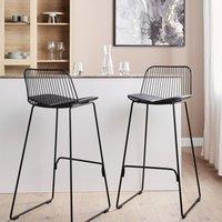 Wyld and Coco Aura Living Set of 2 Black Wire Bar Chairs with Faux Leather Cushions
