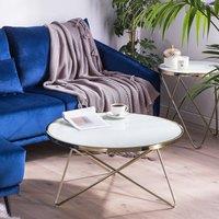 Wyld and Coco Round White Tempered Glass Coffee Table 80 cm - Gold Hairpin Legs