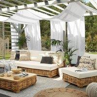 Wyld and Coco Brown Natural Rattan Right Hand Modular Garden Sofa White Cushions