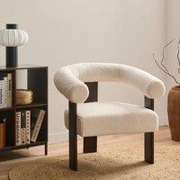 Wyld and Coco Off-White Boucl Armchair - Brown Rubberwood Legs Retro Design in White