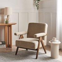 Wyld and Coco Sand Beige Boucle Armchair Retro Rubberwood and Pillow Top Armrests