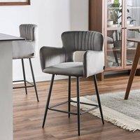 Wyld and Coco Grey Velvet Bar Chairs Set of 2 with Armrests and Cut-Out Back