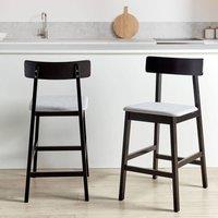 Wyld and Coco Set 2 Rubberwood Bar Stools Black Grey Polyester Seats Retro