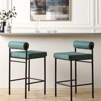 Wyld and Coco Teal Bar Stool Set of 2 - Roll Backrest Polyester Upholstery Iron Legs in Green