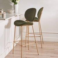 Wyld and Coco Astra Set of 2 Dark Green Boucle Bar Chairs with Wood-Look Iron Legs