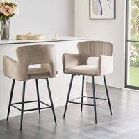 Wyld and Coco Set 2 Taupe Velvet Bar Chairs Armrests and Cut Out Backrest Black in Beige