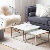Wyld and Coco Nest of 2 White Marble-Top Coffee Tables Silver Frame