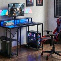 Wyld and Coco Gaming Desk Black Wood Top Iron Frame LED Lighting 3 Side Shelves