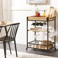 Wyld and Coco Kitchen Trolley Light Brown Top Black Iron Frame with Wine Rack
