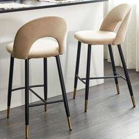 Wyld and Coco Beige Velvet Bar Chairs Set of 2 with Gold-Tone Steel Legs