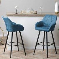 Wyld and Coco Blue Diamond Stitched Bar Stool Set of 2 Padded Back Black Metal