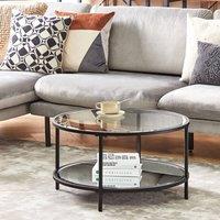 Wyld and Coco 70cm Round Tempered Glass Coffee Table Black Iron Mirrored Shelf