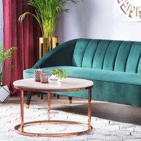Wyld and Coco Round Coffee Table Beige Marble-Effect Top with Copper Legs Dia 70 cm in Rose Gold