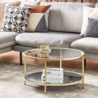 Wyld and Coco Round Gold Tempered Glass Coffee Table with Mirrored Shelf 70cm