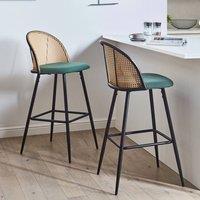 Wyld and Coco Set 2 Green Fabric Bar Chairs Black Lacquered Metal and Viennese Braid