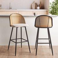 Wyld and Coco Set 2 Bar Chairs Black Lacquered Iron Beige Fabric Seats Viennese