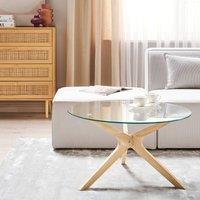 Wyld and Coco 80 cm Round Coffee Table - Tempered Glass Top Light Rubberwood Legs in Clear