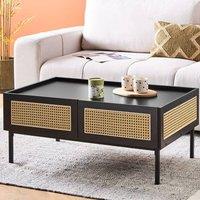 Wyld and Coco Viennese Braid Coffee Table Black Wood Top Iron Rattan Drawers