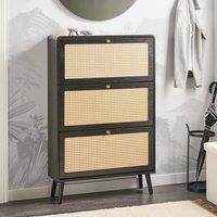 Wyld and Coco Boho Shoe Storage Cabinet Black Wood Rattan Front Three Compartments