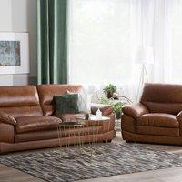 Wyld and Coco 3+1 Brown Leather Sofa Set - Retro Deep Seating Birchwood Legs