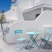 Wyld and Coco Blue Metal Folding 3-Piece Bistro Set - 2 Slatted Chairs Round Table