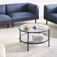 Wyld and Coco 80 cm Round Coffee Table - Black Tempered Glass with Mirrored Shelf
