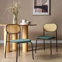 Wyld and Coco Set 2 Retro Dining Chairs Black Iron Green Fabric Seat Viennese