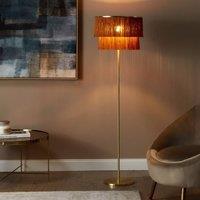 Wyld and Coco 137cm Floor Lamp - Brown Linen Shade with Tassel Fringe Gold Iron Base