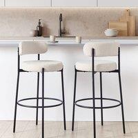 Wyld and Coco Set of 2 White Boucle Bar Stools with Matte Black Steel Legs