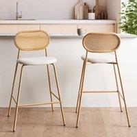 Wyld and Coco Bar Chairs Set of 2 - Rattan-Look Iron Frame Light Brown Fabric