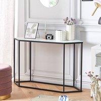Wyld and Coco Marble Effect Tempered Glass Console Table White Top Black Metal