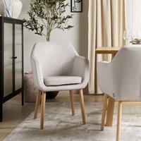 Wyld and Coco Taupe Velvet Dining Chair with Armrests and Rubberwood Legs in Beige