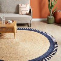Wyld and Coco 200 cm Round Jute Rug Beige and Blue - Handmade Spiral Weave | Size: 2m