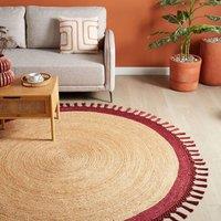 Wyld and Coco 200 cm Round Jute Rug - Handwoven Beige with Red Spiral Boho Braided | Size: 2m